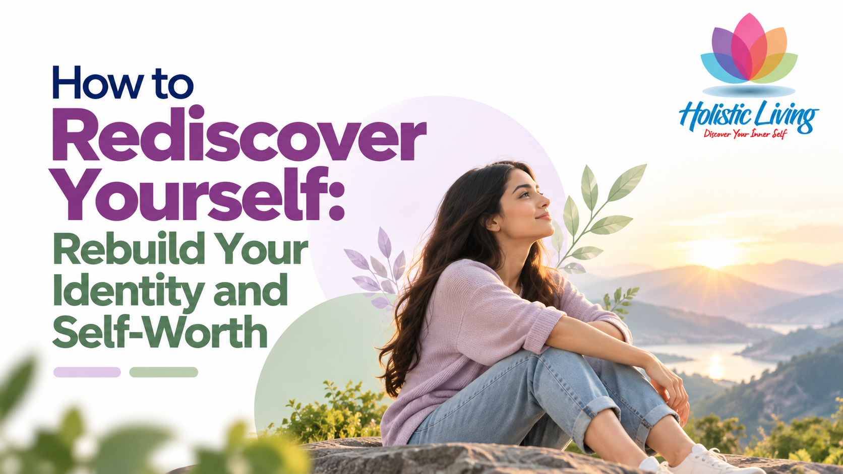 Rediscover Yourself Rebuild Your Identity Confidence SelfWorth The Holistic Living A woman sitting peacefully in nature at sunrise symbolising self discovery rebuilding identity self worth and emotional healing with the Holistic Living logo