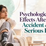 Woman wearing a leg brace sits thoughtfully after an injury illustrating post accident anxiety and psychological effects after a serious fall