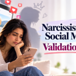 Narcissism and social media validation trap showing a worried woman checking likes on her phone while comparing herself to a happy online image