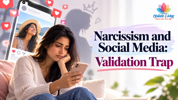 Narcissism and social media validation trap showing a worried woman checking likes on her phone while comparing herself to a happy online image