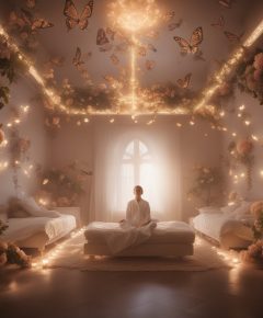 A transformative scene portraying a patient under hypnotherapy, bathed in a luminous, gentle light,